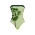 Green strapless one piece swimsuit featuring tropical palm tree print beach swimwear. - S / Tops