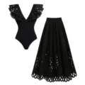 Black cutout swimsuit and long skirt set featuring elegant ruffle V-neck and delicate hollow details. - S / Top And Bottom