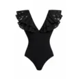 Black one-piece swimsuit detail, featuring eyelet embroidered ruffle V-neck design. - S / Dresses