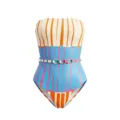 Detailed close-up view of women's colorful vertical striped strapless one-piece swimsuit. - S / Tops / Rainbow Striped