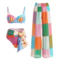 Colorful striped three-piece bikini set with high-waist pants and ring detail beachwear. - S / Top And Bottom / Rainbow Striped