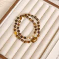Bracciale doppio di perline in occhio di tigre retrò cinese con perle dorate e perla elegante. - Stile Perla di Dattero Occhio di Tigre