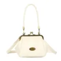 Retro women kiss lock shoulder bag cream white PU leather handbag with top handle and strap. - 17*10*14 / White