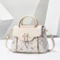 Elegant beige top-handle shoulder bag for women, featuring stylish swan clasp and chic plaid design. - Plaid Beige