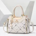 Chic women PU leather shoulder bag with plaid pattern, bear print and pearl pendant for daily use. - Off White