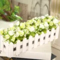 Artificial white rose flowers set with wooden fence pot for home desktop decor and wedding. - Diamond Rose White