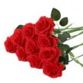 Artificial red rose bouquet with green stems and leaves, perfect for home wedding decor. - Red