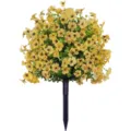 Detailed close-up of artificial yellow flower ball stake with green leaves for garden decor. - Yellow