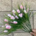 Artificial small tulip flower bouquet faux floral plants for home garden outdoor fence decor - Pink