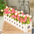 Artificial pink white rose flowers in white wooden fence pot for home desktop decor. - Spring QQ Pink