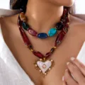 Collar de doble capa elegante de moda con cuentas de colores y colgante de seda. - Collar de Pendentif de Corazón con Patrón de Bufanda Estampada Roja (Estilo 10)