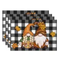 Set of 4 Thanksgiving autumn placemats, black and white plaid table mats with gnomes and pumpkins. - 30*45cm / Style 15 (Gnome Pumpkin)