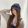 Retro Karierte Schlupfmütze für Damen, lässige Vintage Beanie Mütze, bequeme Kopfbedeckung. - Einheitsgröße / Marineblau