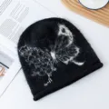 Retro fuzzy butterfly knitted slouchy beanie hat for women, warm winter casual pullover cap. - L (56-62cm) / Black