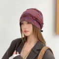 Vingtage karierte Falten Rüschen Beanie Mütze für Damen, schicker Streetwear Kopftuch. - Einheitsgröße / Burgunderrot