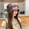 Vintage Karos geraffte Beanie Mütze für Damen, Herbst stylische Kopftuch Mütze elegant. - Einheitsgröße / Kaffeebraun
