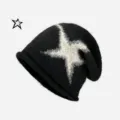 Schwarze flauschige Strickmütze mit weißem Sternmuster, stilvolle kuschelige Winter-Warmmütze. - Einheitsgröße / Schwarz