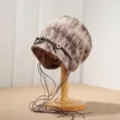 Ethischer Batik Schlapphut mit Quasten Geflecht Retro lässige Herbst Beanie Mütze für Damen - Einheitsgröße / Khaki