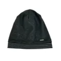 Nahaufnahme der dunkelgrauen Beanie-Mütze mit schwarz-weiß gestreiftem Umschlagrand. - L (56-60cm) / Schwarzgrau (Gestreift)