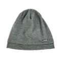 Detailansicht der grauen Strick-Slouch-Mütze mit gestreifter Krempe für Damen im Herbst. - L (56-60cm) / Dunkelgrau (Gestreift)