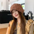 Koreanischer Stil plissierte Kariert Beanie Mütze Damen Frühling Herbst süsse Wickelmütze. - Einheitsgröße / Dunkelorange