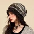 Damen Winter Strickmütze retro Jacquard Plüsch warme slouchy Mütze stilvolle Alltagskleidung - L / Gestreiftes Kaffee