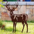 Metal deer silhouette garden stake, rusty iron yard art ornament, outdoor lawn decor detail shot. - Elk / Rust
