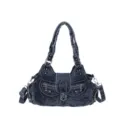 Bolso bandolera de denim para mujer, bolso de mano lavado con multiples bolsillos y tachuelas. - Azul