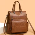 Mujer Mochila Convertible de Cuero PU Casual Bolso de Hombro Multibolsillo Marrón - Tostado
