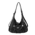 Bolso Y2K multifunción de mezclilla negra lavada, elegante mochila cruzada con estrella. - Negro