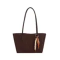 Dark brown woven leather tote bag with beaded charm and large capacity shoulder bag. - Coffee