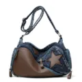 Bolso bandolera de mezclilla con cuero marrón y estrellas, bolso informal elegante para mujer. - Azul marino