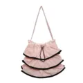 Bolso de hombro tipo cubo rosa con volantes para mujer, lindo bolso cruzado de lona con cordón. - Rosa