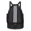 Mochila deportiva negra con cordón y tres rayas blancas, gran bolsa de entrenamiento para gimnasio. - Negro