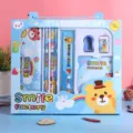 Kids stationery set gift box 9-piece cute cartoon bear school supplies pencil ruler eraser notebook - Blue Bear
