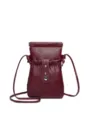 Bolso cruzado de cuero PU rojo vino para teléfono con marco de metal, mini bolso elegante. - Burdeos