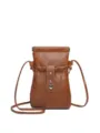 Small brown PU leather crossbody phone bag with cute heart charm and metal clasp. - Tan