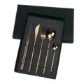 Stainless steel 5-piece flatware set in rose gold with black gift box, detailed view - Rose Gold