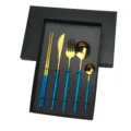 5-Piece Gold and Blue Stainless Steel Tableware Set with Gift Box Flat Handle Cutlery Set - Blue Gold