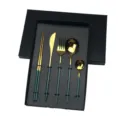 Portuguese style stainless steel cutlery set gold finish dark green handles black gift box. - Green and Gold