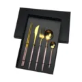 Portuguese style 5-piece stainless steel cutlery set with pink handle and gold gift box. - Pink Gold