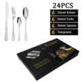 Set de couverts 24 pièces en acier inoxydable avec coffret cadeau pour table élégante. - Boîte cadeau à double porte / Argent