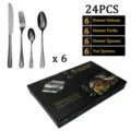 Coffret de couverts 24 pcs en acier inoxydable avec boîte cadeau, couteau, fourchette. - Boîte cadeau à double porte / Noir