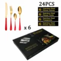 ensemble de couverts en acier inoxydable 24 pcs poignées rouges et cuillère fourchette dorée - Boîte cadeau à double porte / Or Rouge