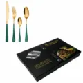 Ensemble de couverts en acier inoxydable 24 pcs poignees dorees et vert fonce - Boîte cadeau à double porte / Vert et Or