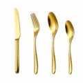 Gold stainless steel cutlery size chart showing knife, fork, spoon dimensions and weight. - Gold 4-Piece Set