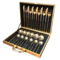 Juego de cubiertos dorados de acero inoxidable de 24 piezas caja de regalo vajilla - Conjunto de Caja de Madera Dorada