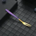 Stainless steel fruit fork with purple handle and gold two-prong design for dessert and cake. - 304 Purple