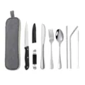 Kit de couverts portables en acier inoxydable avec pochette de rangement grise et ustensiles. - Modèle C Argent (Set de 8 Pièces)