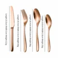 Rose gold stainless steel cutlery set size chart showing dimensions and weight for four pieces. - Rose Gold 4-Piece Set